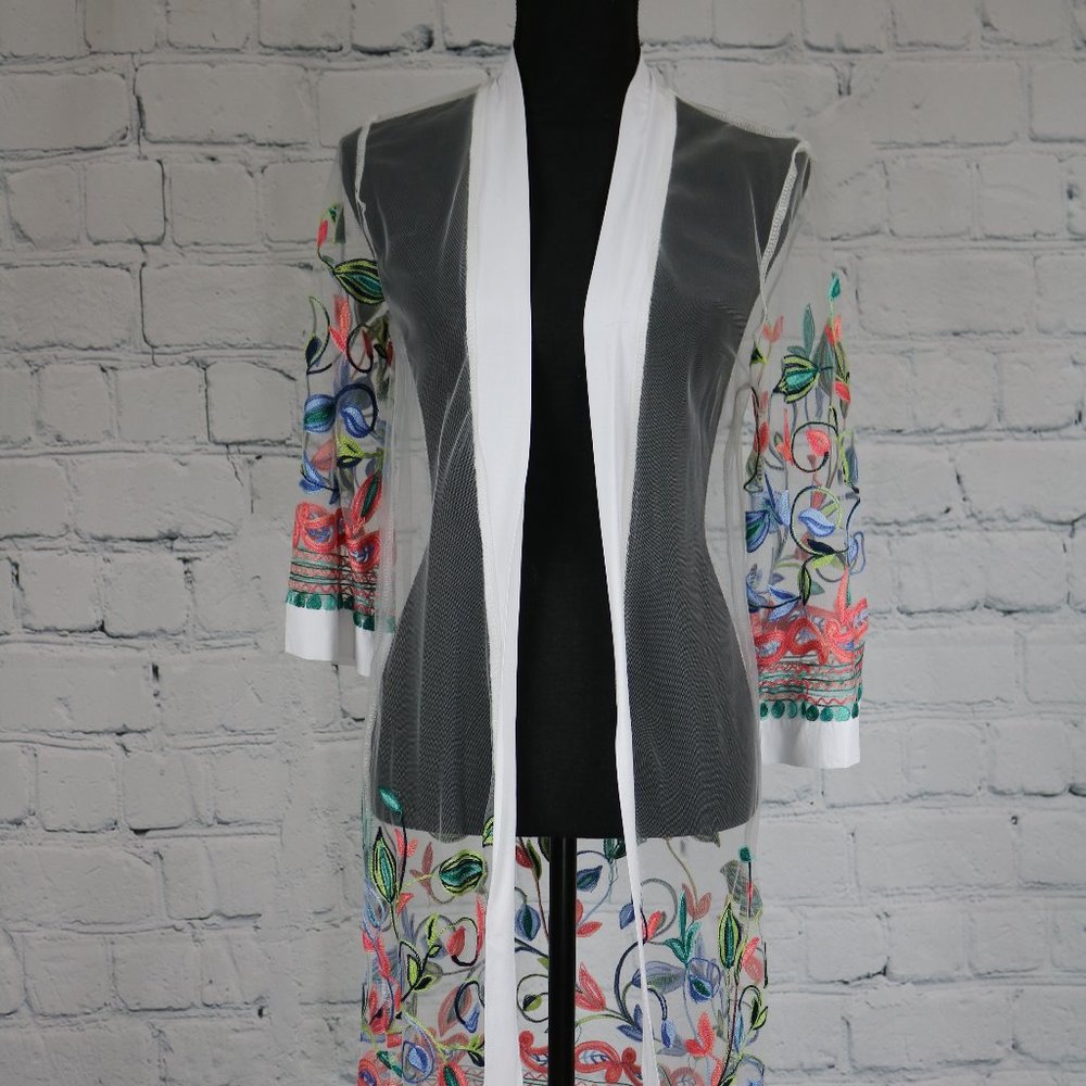 Long Sheer Embroidered Cardigan